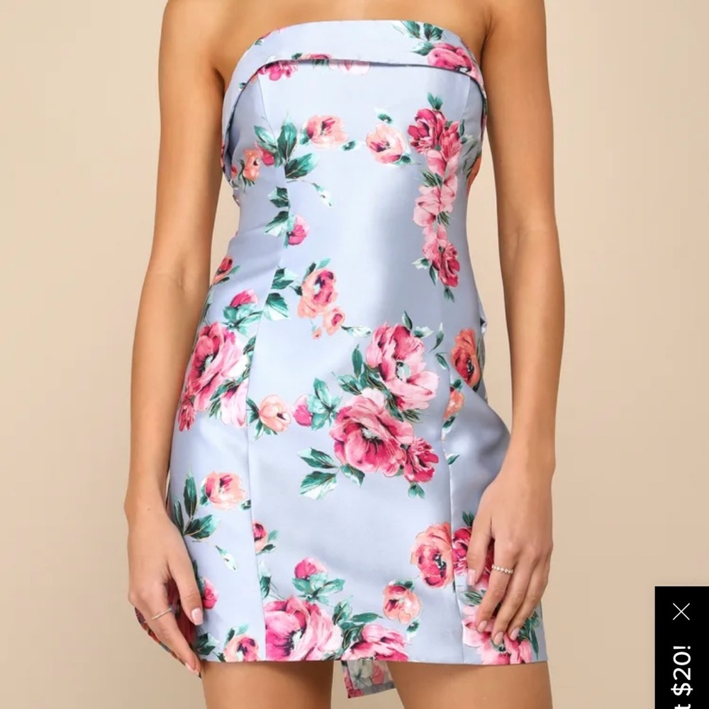 Lulu's Luxe Wonder Size L Light Blue Floral Taffeta Strapless Bow Mini Dress NWT